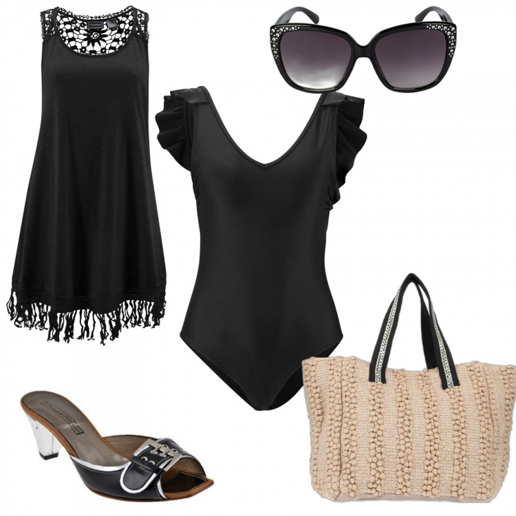 Outfit donna - Costume bon ton. Stile Bon Ton per Mare. Abbinamento con vestiti da spiaggia, costumi interi, borse a mano, sandali, occhiali da sole.