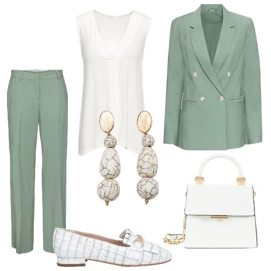 Outfit donna - Al matrimonio in tailleur. Stile Chic per Cerimonia. Abbinamento con top, blazer, pantaloni, mocassini, orecchini, borse a mano.