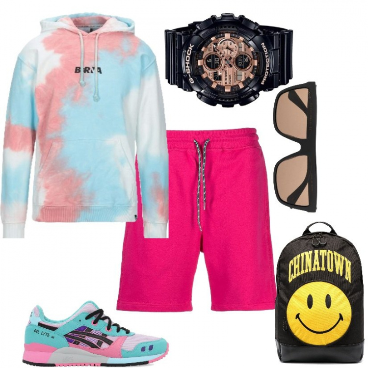 Outfit uomo - Carnevale sulla spiaggia a tenerife. Stile Urban per Sport. Abbinamento con felpe con cappuccio, shorts, occhiali da sole, borse sportive, orologi, sneakers.