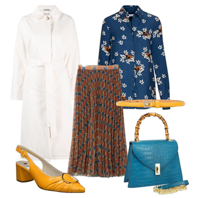 Outfit donna - Mix and match. Stile Trendy per Serata fuori. Abbinamento con gonne longuette, borse a mano, cinture, trench, scarpe col tacco, camicie.