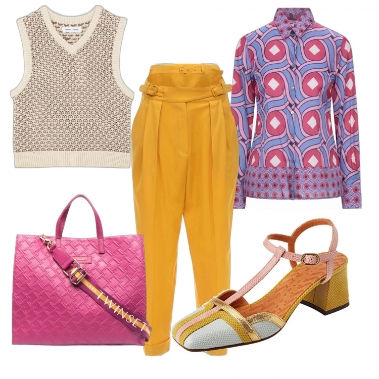 Outfit donna - In ufficio con brio. Stile Trendy per Ufficio. Abbinamento con camicie, shopping bag, scarpe col tacco, gilet, pantaloni.