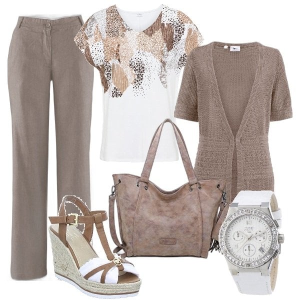 Outfit donna - Il cardigan per la mezza stagione. Stile Trendy per Tutti i giorni. Abbinamento con pantaloni, maglieria, cardigans, sandali, orologi, shopping bag.