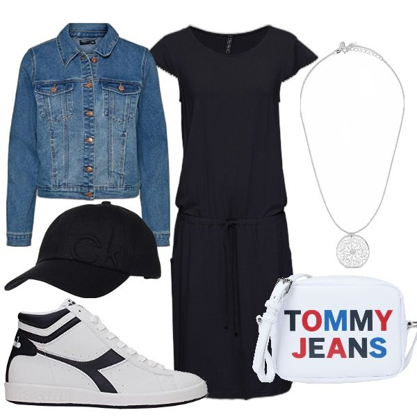 Outfit donna - Il cappellino con visiera. Stile Urban per Tutti i giorni. Abbinamento con vestiti midi/longuette, borse a tracolla, sneakers alte, blazer, collane, cappelli con visiera.