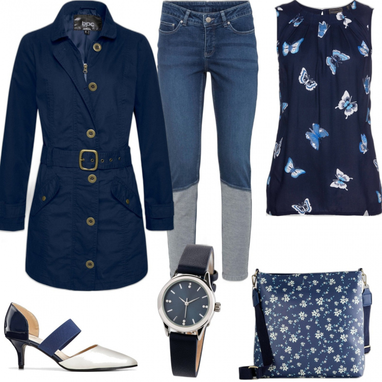 Outfit donna - Al lavoro con i jeans. Stile Urban per Ufficio. Abbinamento con top, trench, jeans skinny, décolleté, borse a tracolla, orologi.