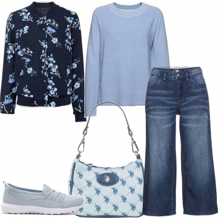 Outfit donna - Ilaria al lavoro. Stile Trendy per Ufficio. Abbinamento con bomber, pantaloni culotte, sneakers, borse a mano, maglioni.