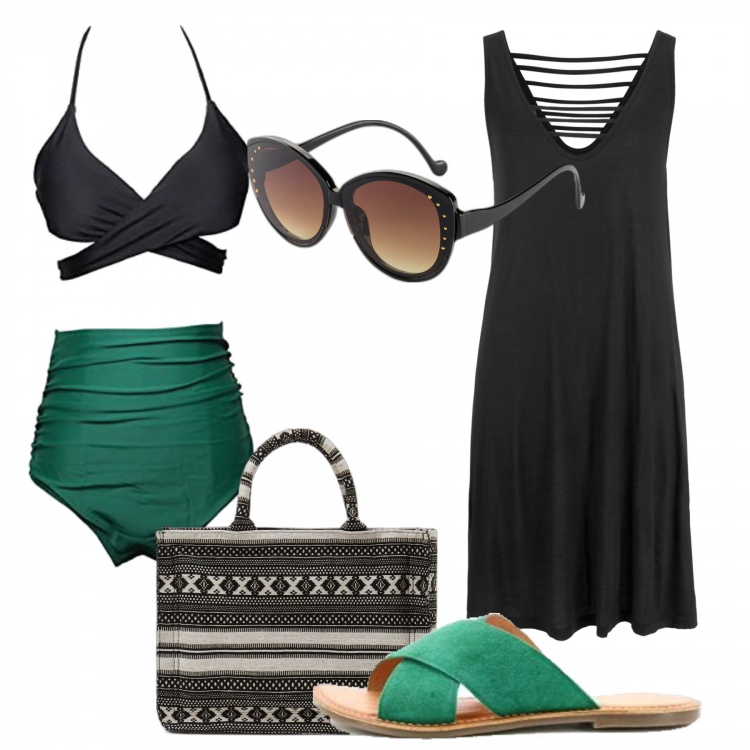 Outfit donna - Nero e verde al mare. Stile Basic per Mare. Abbinamento con vestiti da spiaggia, occhiali da sole, shopping bag, bikini, sandali.