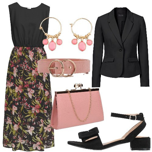 Outfit donna - Cerimonia a fine maggio. Stile Chic per Cerimonia. Abbinamento con sandali col tacco, blazer, vestiti lunghi, orecchini, cinture, pochette.