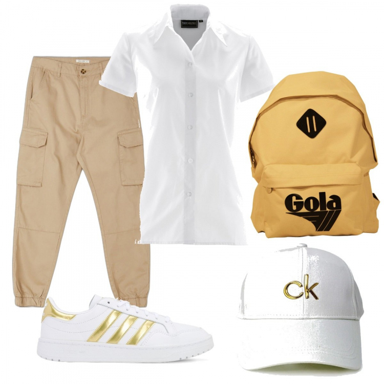 Outfit donna - Sportiva in città. Stile Urban per Tutti i giorni. Abbinamento con camicie a manica corta, cappelli con visiera, pantaloni cargo, sneakers, zaini.