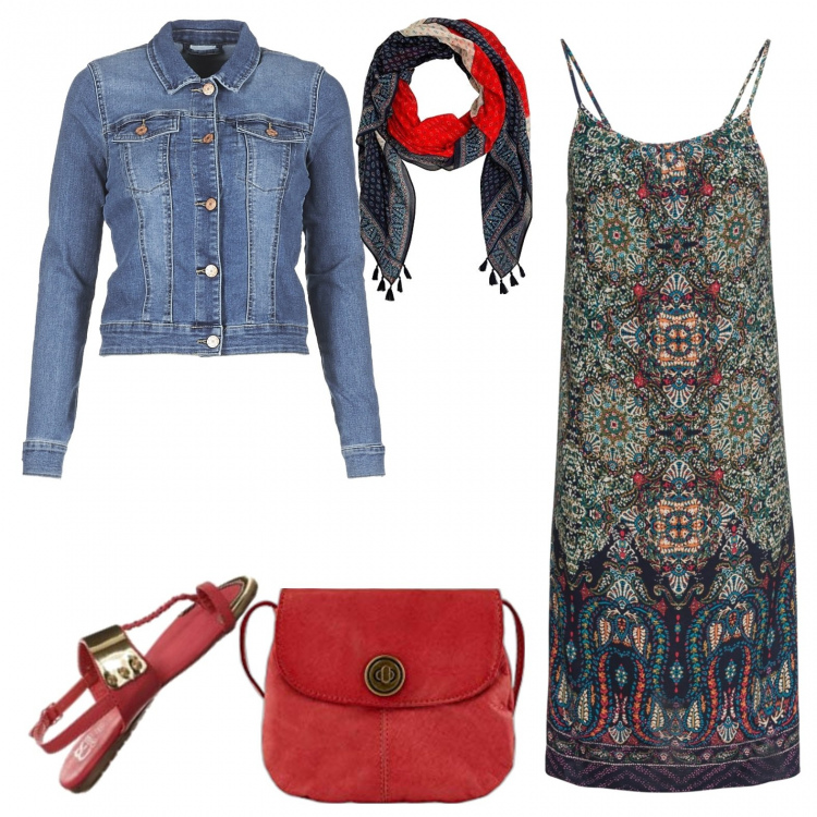 Outfit donna - Etnico. Stile Etnico per Scuola/Università. Abbinamento con vestiti, infradito, giacche, borse a tracolla, sciarpe.