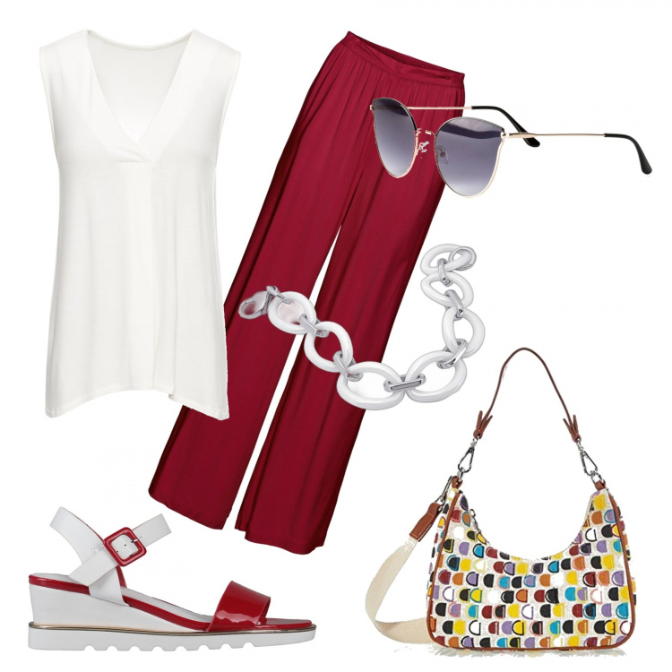 Outfit donna - Per Debora. Stile Trendy per Tutti i giorni. Abbinamento con top, pantaloni a palazzo, occhiali da sole, sandali col tacco, borse a spalla, braccialetti.