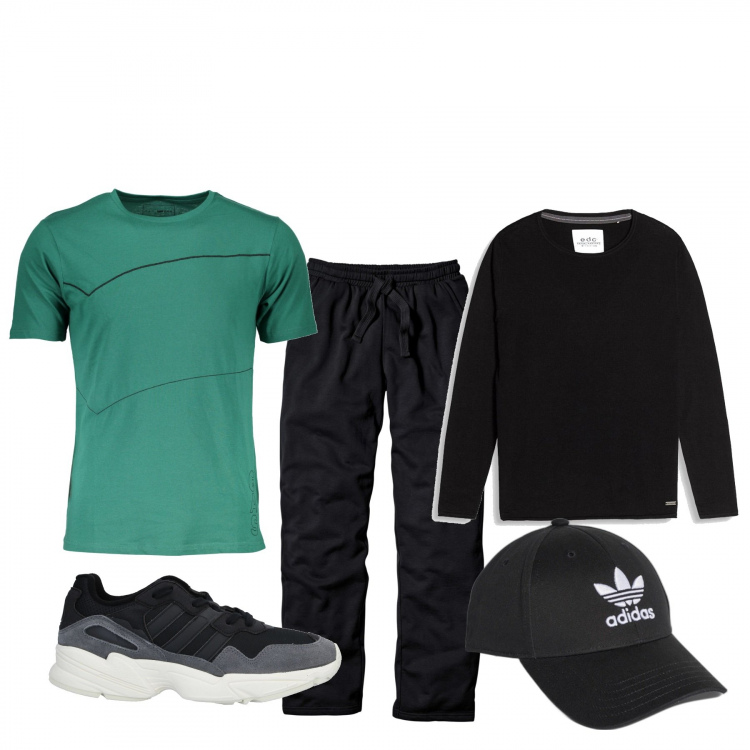 Outfit uomo - Total look #1067254. Stile Urban per Tutti i giorni. Abbinamento con pantaloni, sneakers, cappelli con visiera, t-shirt, felpe.