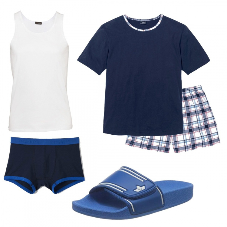 Outfit uomo - Goodnight. Stile Casual per Tutti i giorni. Abbinamento con abbigliamento da notte, boxer, magliette intime, sandali.