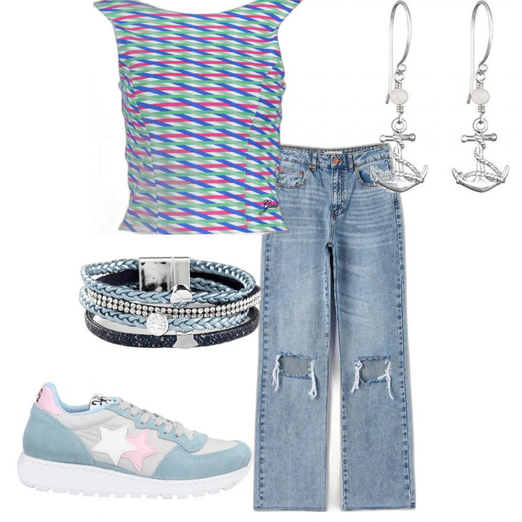 Outfit donna - Total look #1067421. Stile Urban per Scuola/Università. Abbinamento con braccialetti, sneakers, jeans strappati, canottiere, orecchini.