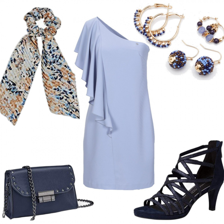 Outfit donna - Sexy #3072. Stile Sexy per Serata fuori. Abbinamento con vestiti corti, orecchini, sandali col tacco, accessori per capelli, borse a mano.