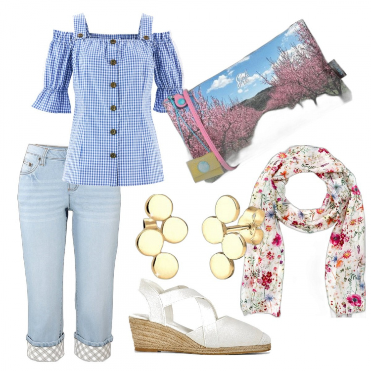Outfit donna - Campagnola ma mon troppo. Stile Urban per Tutti i giorni. Abbinamento con camicie a manica corta, foulard, pantaloni capri, sandali, borse a tracolla, orecchini.