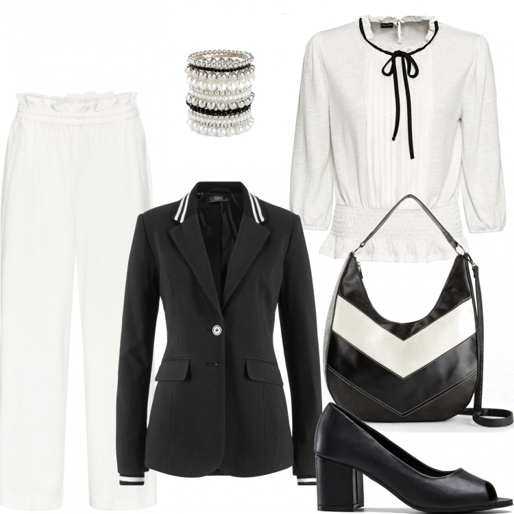 Outfit donna - Bon ton. Stile Bon Ton per Ufficio. Abbinamento con blazer, braccialetti, pullovers, borse a mano, décolleté, pantaloni culotte.