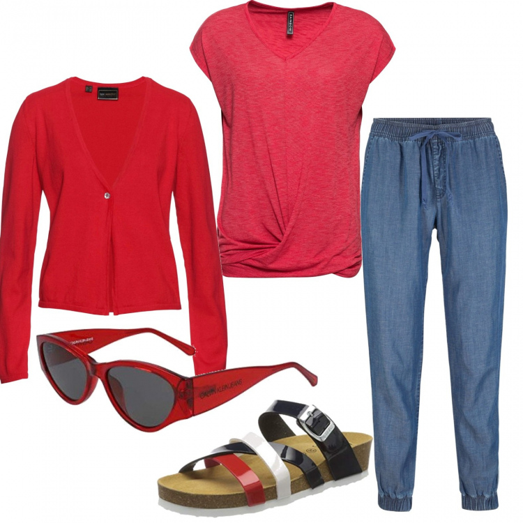 Outfit donna - Grigliata tra amici. Stile Basic per Tutti i giorni. Abbinamento con maglieria, jeans, cardigans, sabot, occhiali da sole.