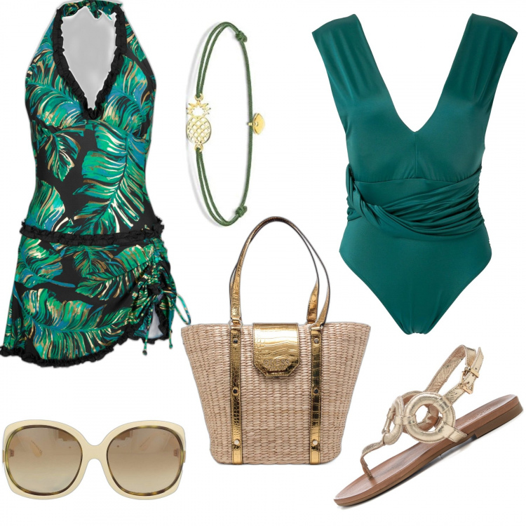 Outfit donna - Vivo in Costa Smeralda. Stile Chic per Mare. Abbinamento con vestiti da spiaggia, occhiali da sole, infradito, shopping bag, costumi interi, braccialetti.