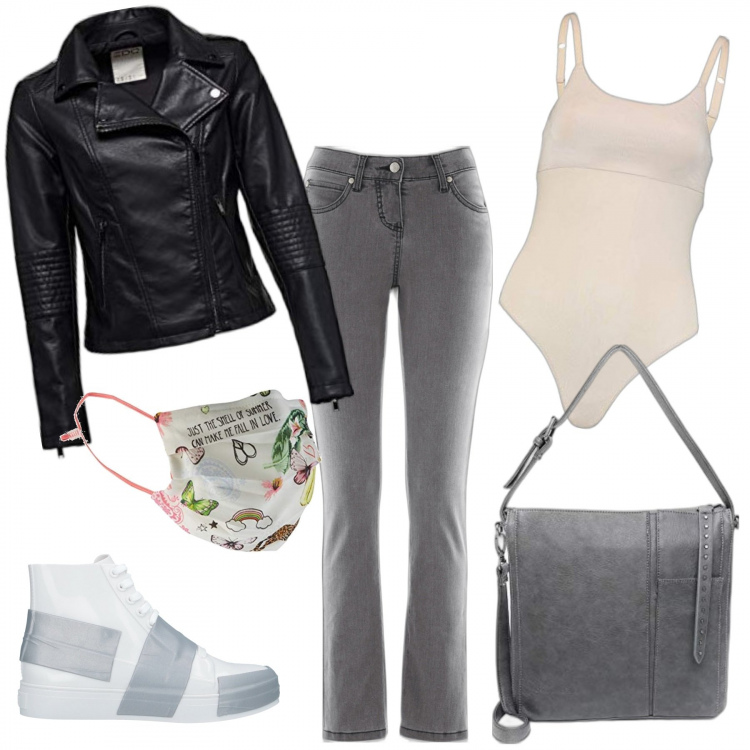 Outfit donna - Ragazza metropolitana. Stile Urban per Tutti i giorni. Abbinamento con jeans slim fit, sneakers alte, blazer, borse a tracolla, sciarpe, top.