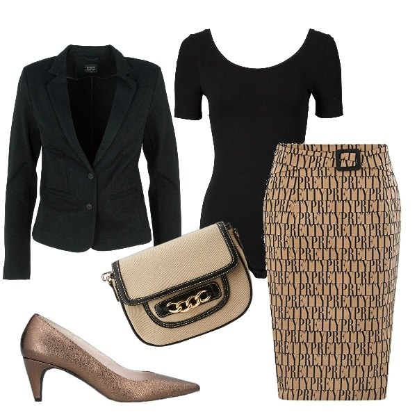 Outfit donna - La gonna a tubino con il body e giacca. Stile Chic per Ufficio. Abbinamento con body, décolleté, blazer, borse a tracolla, gonne.