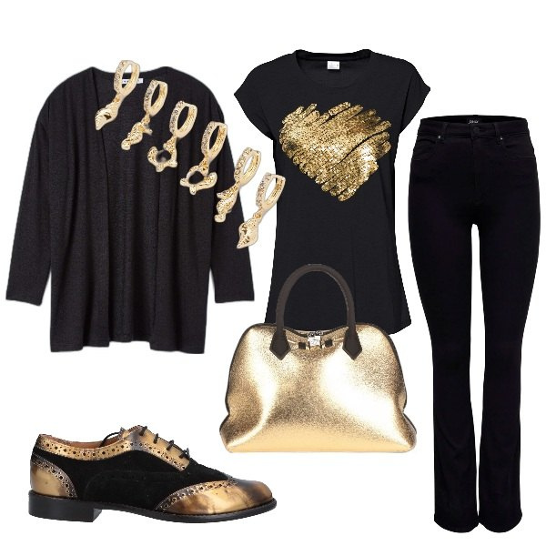 Outfit donna - In oro e nero i mocassini preferiti. Stile Basic per Serata fuori. Abbinamento con maglieria, scarpe stringate, borse a mano, cardigans, jeans bootcut, orecchini.