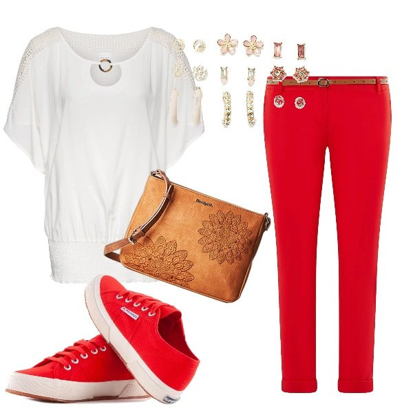 Outfit donna - Oggi casual. Stile Urban per Tutti i giorni. Abbinamento con bluse, sneakers, orecchini, pantaloni chino, borse a tracolla.