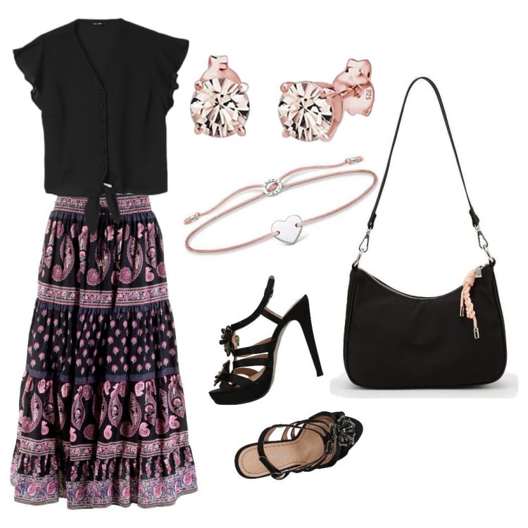 Outfit donna - Chic ovunque. Stile Chic per Tutti i giorni. Abbinamento con gonne lunghe, sandali in pelle, camicie a manica corta, borse a spalla, orecchini, braccialetti.