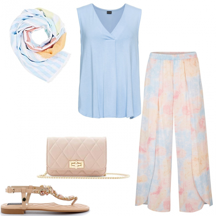 Outfit donna - Domenica con i parenti. Stile Trendy per Tutti i giorni. Abbinamento con top, pantaloni, sandali in pelle, borse a mano, sciarpe.