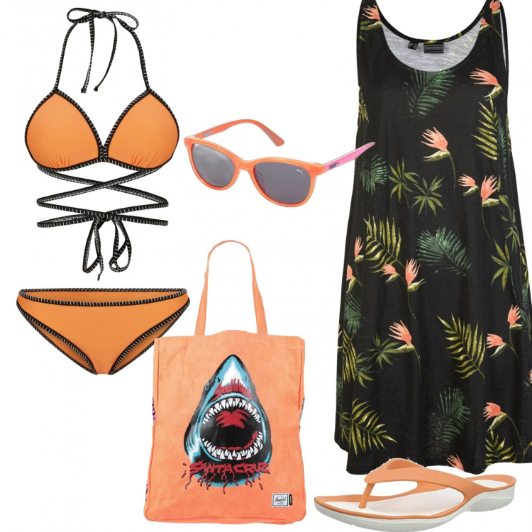 Outfit donna - Curvy in spiaggia. Stile Trendy per Mare. Abbinamento con vestiti da spiaggia, bikini, occhiali da sole, borse a mano, infradito.