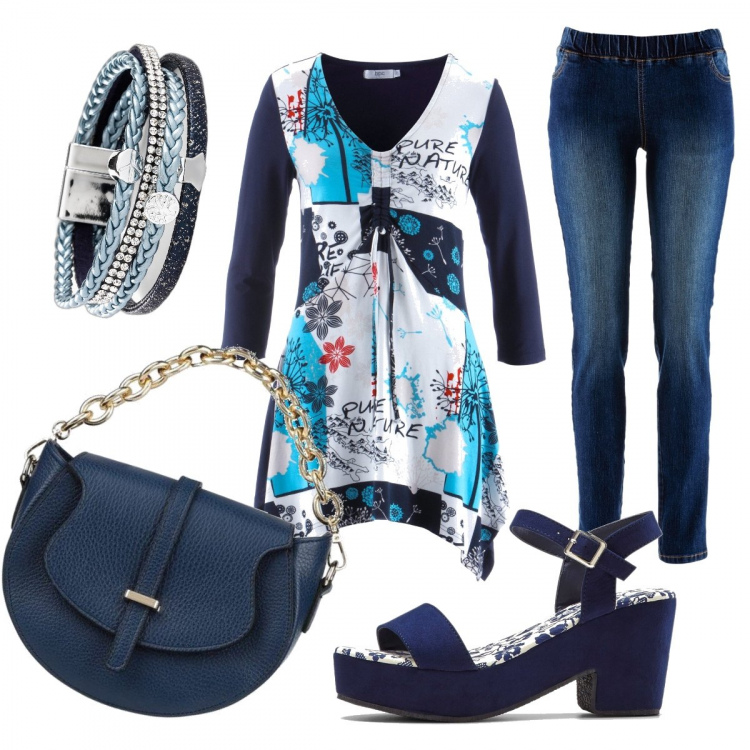 Outfit donna - Blu mon amour. Stile Basic per Tutti i giorni. Abbinamento con treggings, tuniche, sandali col tacco, braccialetti, borse a mano.