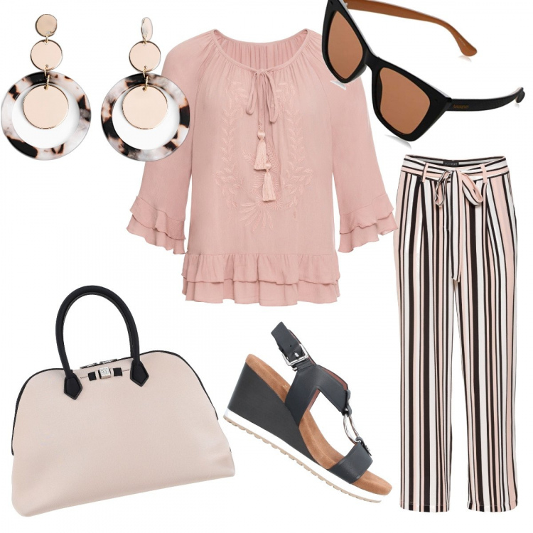 Outfit donna - Easy curvy style. Stile Etnico per Tutti i giorni. Abbinamento con tuniche, pantaloni capri, orecchini, sandali in pelle, borse a mano, occhiali da sole.