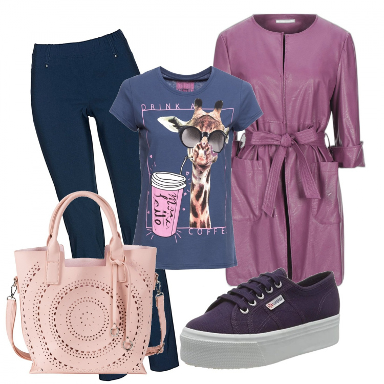 Outfit donna - Il cappottino leggero. Stile Trendy per Scuola/Università. Abbinamento con t-shirt, pantaloni, borse a mano, cappotti, sneakers.