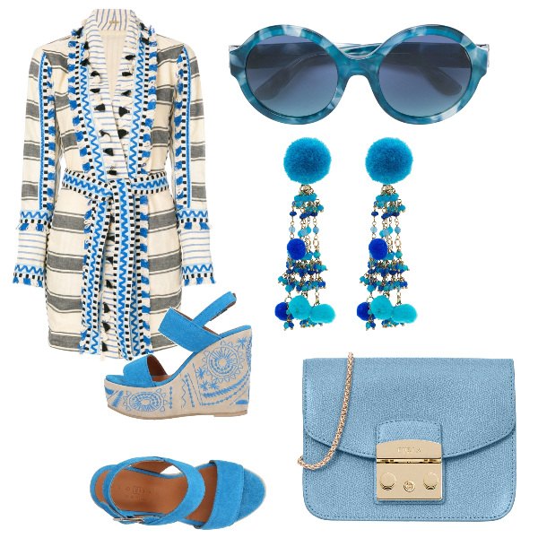 Outfit donna - Mini kimono. Stile Bon Ton per Mare. Abbinamento con sandali pelle con zeppe effetto scamosciato con fibbia e punta tonda tinta unita, borsa a tracolla, vestito, orecchini taglia unica blu, occhiali da sole e montature per occhiali da vista blu.