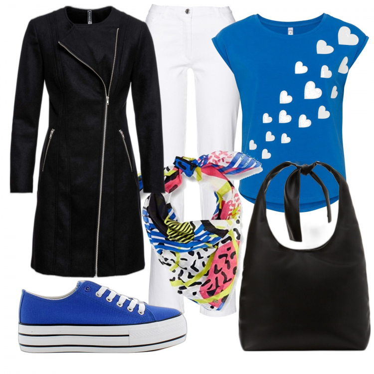Outfit donna - Con la testa tra le nuvole. Stile Trendy per Scuola/Università. Abbinamento con pantaloni, t-shirt, cappotti, borse a spalla, sneakers, sciarpe.