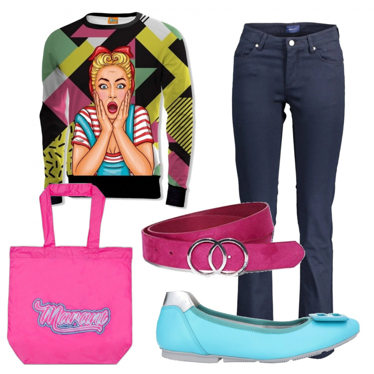 Outfit donna - Help! Maglione unisex. Stile Trendy per Tutti i giorni. Abbinamento con ballerine, felpe, cinture, jeans, shopping bag.