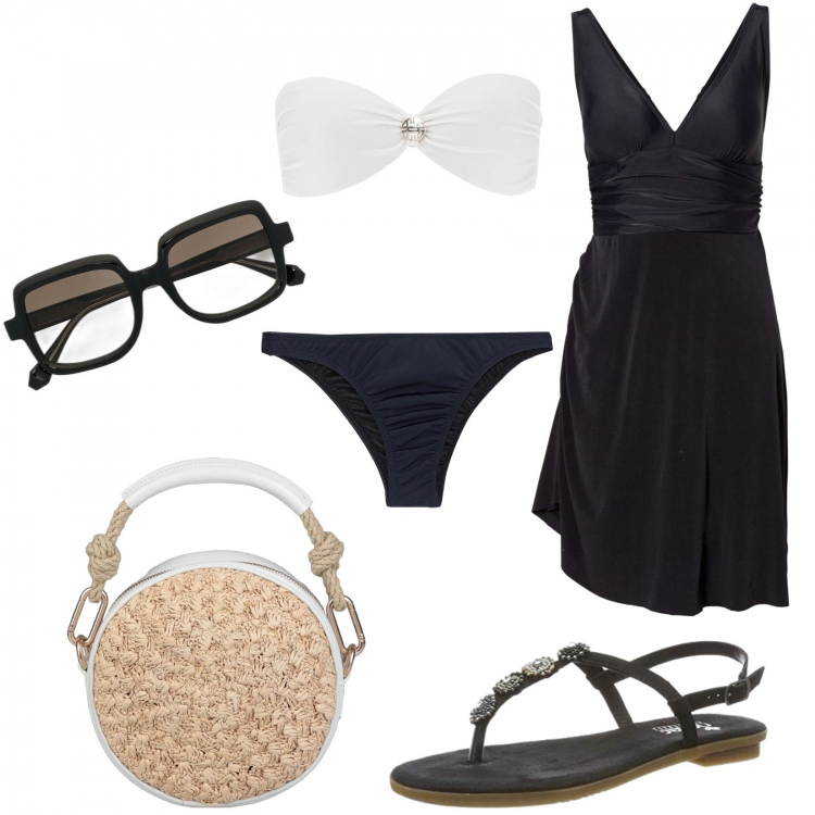 Outfit donna - Aperitivo sul mare. Stile Chic per Mare. Abbinamento con vestiti da spiaggia, bikini, borse a mano, occhiali da sole, infradito.