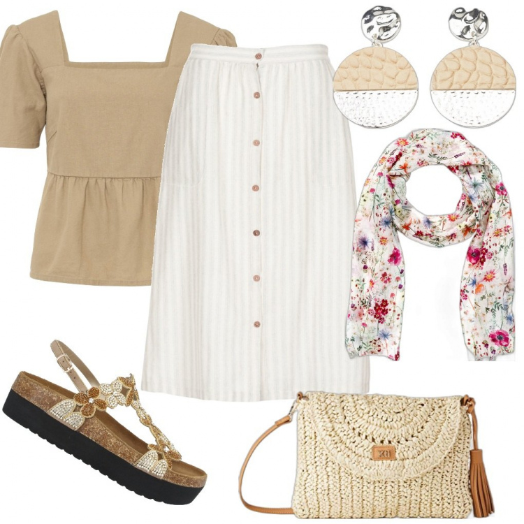 Outfit donna - Una nuvola di Fiori. Stile Basic per Tutti i giorni. Abbinamento con foulard, bluse, sandali, minigonne, orecchini, borse a spalla.