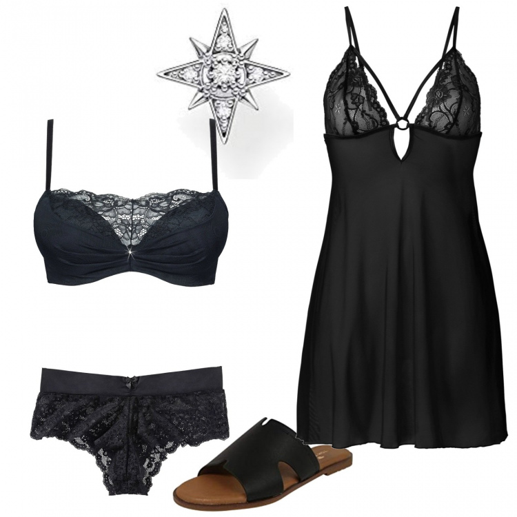 Outfit donna - Notte in nero. Stile Sexy per Tutti i giorni. Abbinamento con reggiseni push-up, culotte, vestaglie, ciabatte, orecchini.