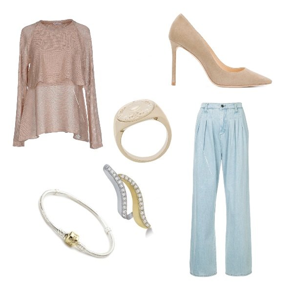 Outfit donna - Wikend. Stile Bon Ton per Tutti i giorni. look ideale per Tall. Abbinamento con pullover lavorato a maglia collo tondo a maniche lunghe in seta tinta unita, anello effetto metallizzato in ottone, scarpe col tacco pumps, jeans plissè in denim blu, bracciale in sterling 925 argento, collana.