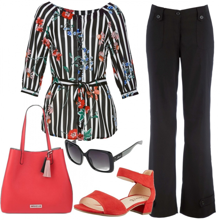 Outfit donna - Righe e fiori. Stile Bon Ton per Tutti i giorni. Abbinamento con pantaloni, bluse, borse a mano, sandali in pelle, occhiali da sole.