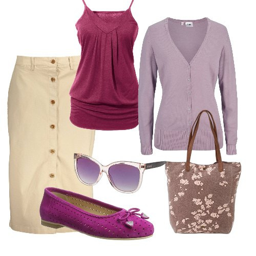 Outfit donna - Porpora e avorio. Stile Bon Ton per Tutti i giorni. Abbinamento con top, maglieria, shopping bag, ballerine, gonne longuette, occhiali da sole.