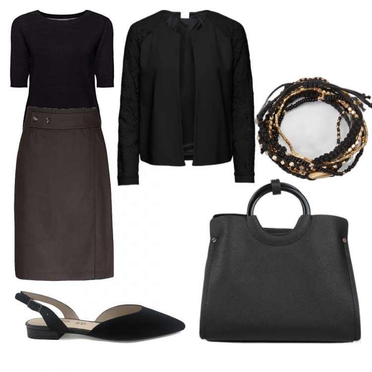Outfit donna - Bon Ton. Stile Bon Ton per Tutti i giorni. Abbinamento con blazer, gonne longuette, borse a mano, décolleté, braccialetti, pullovers.