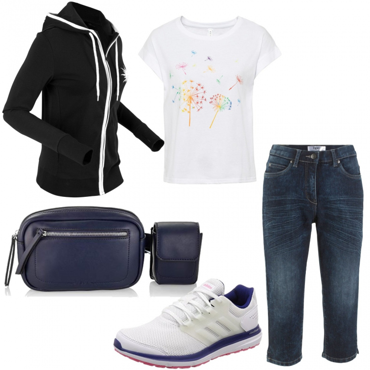 Outfit donna - La camminata con le amiche. Stile Basic per Tutti i giorni. Abbinamento con t-shirt, jeans, blazer, scarpe sportive, marsupi.