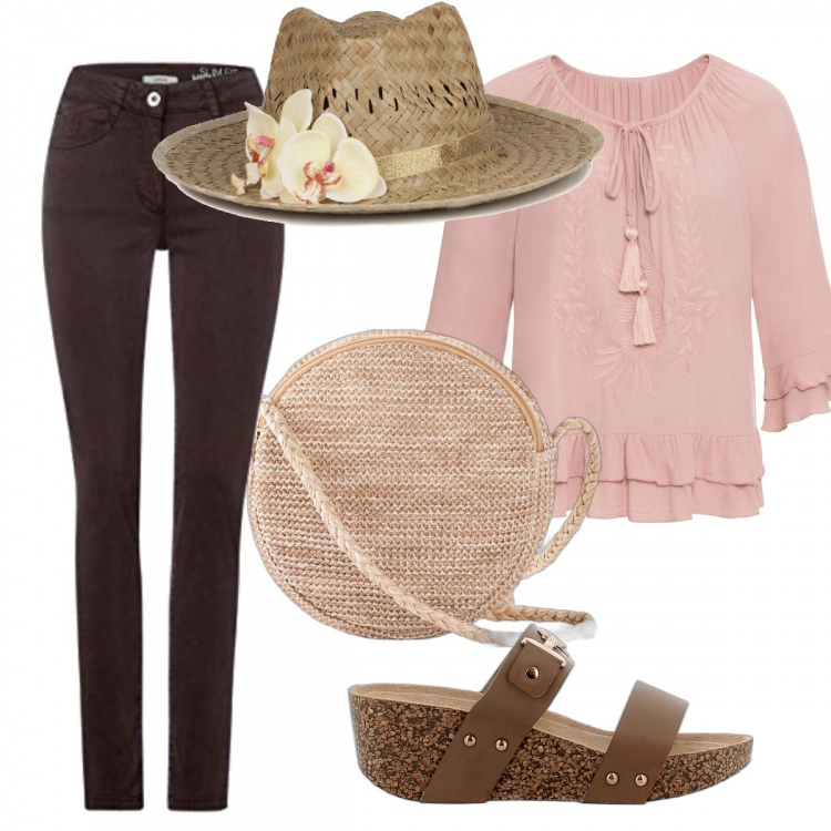 Outfit donna - Total look #1070850. Stile Trendy per Tutti i giorni. Abbinamento con tuniche, borse a tracolla, cappelli, zeppe, jeans a zampa.