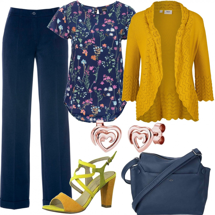 Outfit donna - In ufficio - Curvy & Plus Size. Stile Urban per Ufficio. Abbinamento con pantaloni, blazer, bluse, sandali, borse a tracolla, orecchini.