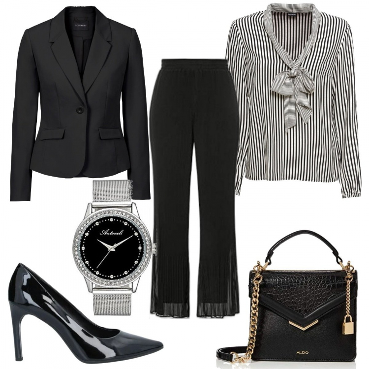 Outfit donna - La donna manager. Stile Basic per Ufficio. Abbinamento con décolleté, blazer, bluse, pantaloni a palazzo, orologi analogici, borse a mano.