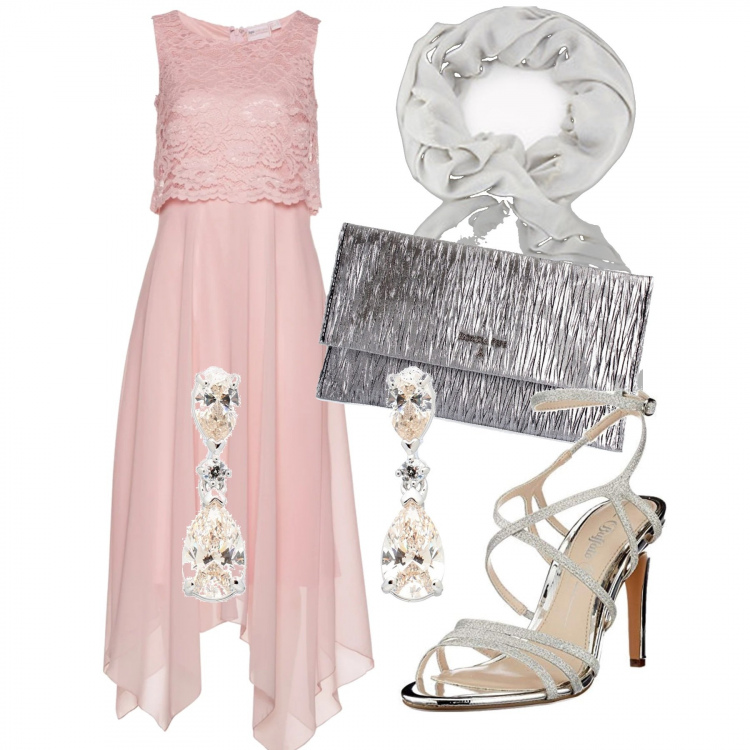 Outfit donna - Cerimonia serale. Stile Basic per Cerimonia. Abbinamento con vestiti midi/longuette, orecchini, sandali col tacco, foulard, pochette.