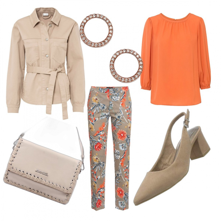Outfit donna - Il pantalone a fiori. Stile Bon Ton per Ufficio. Abbinamento con pantaloni, bluse, giacche, borse a mano, scarpe col tacco, orecchini.