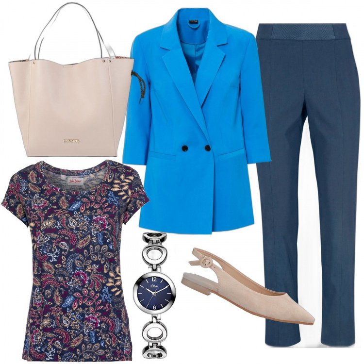 Outfit donna - Blazer per l\'ufficio. Stile Basic per Ufficio. Abbinamento con t-shirt, pantaloni capri, blazer, ballerine, borse a mano, orologi.