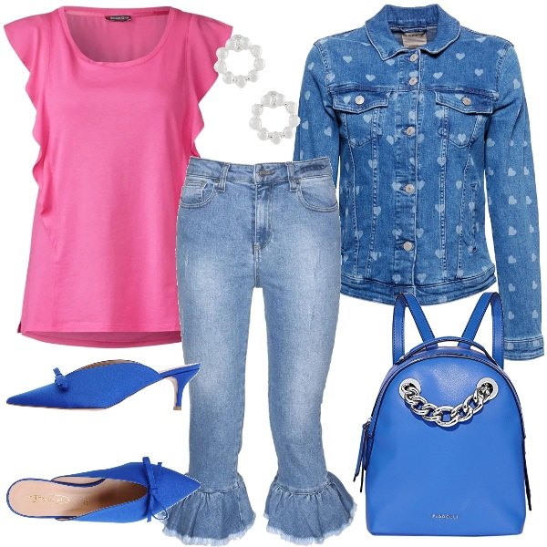 Outfit donna - Stasera pizza e cinema. Stile Trendy per Serata fuori. Abbinamento con sabot con fiocco a punta in raso tinta unita bianco, pantalone in denim, orecchini, canottiera rosa, borsa zainetto blu, giacca in denim blu.